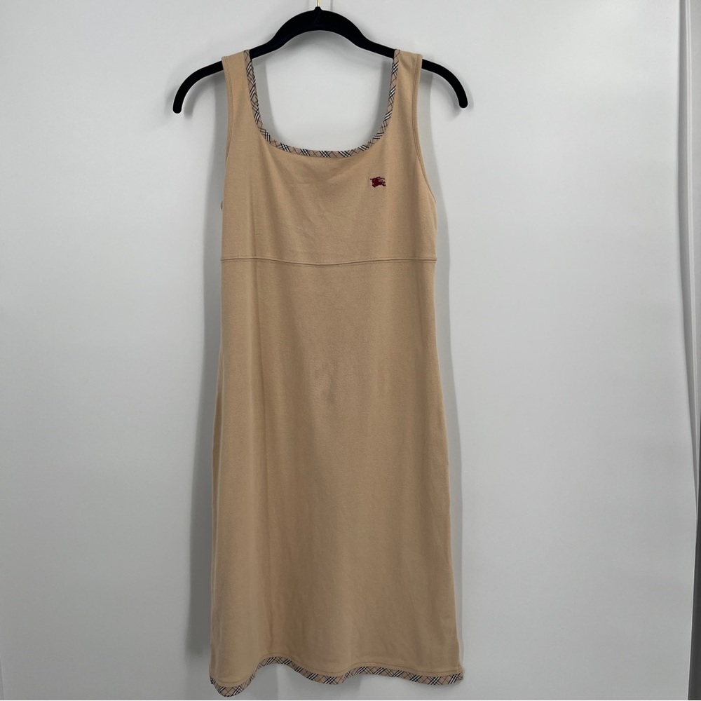 Burberry A Line Casual Crew Neck Sleeveless Tan Burberry Trimmed Dress (42)